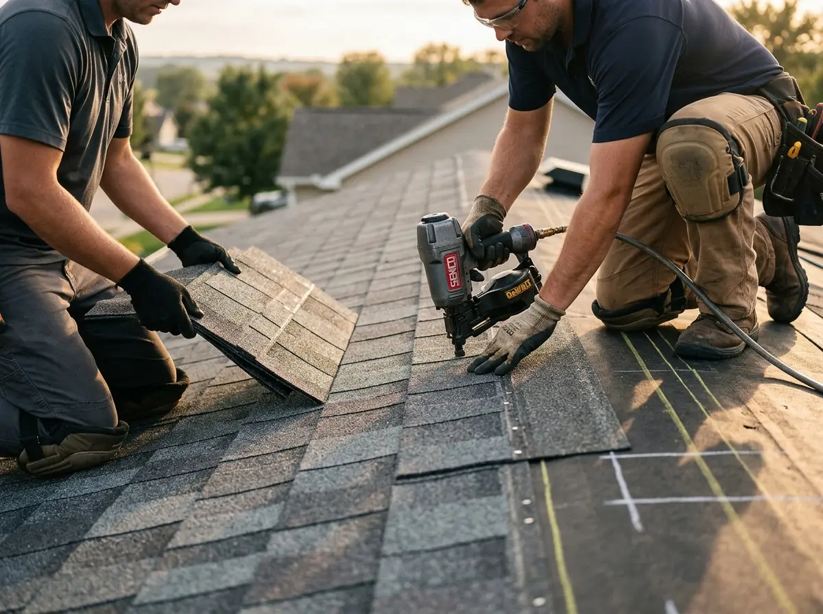Professional roofer working on a residential roof in Hubbard